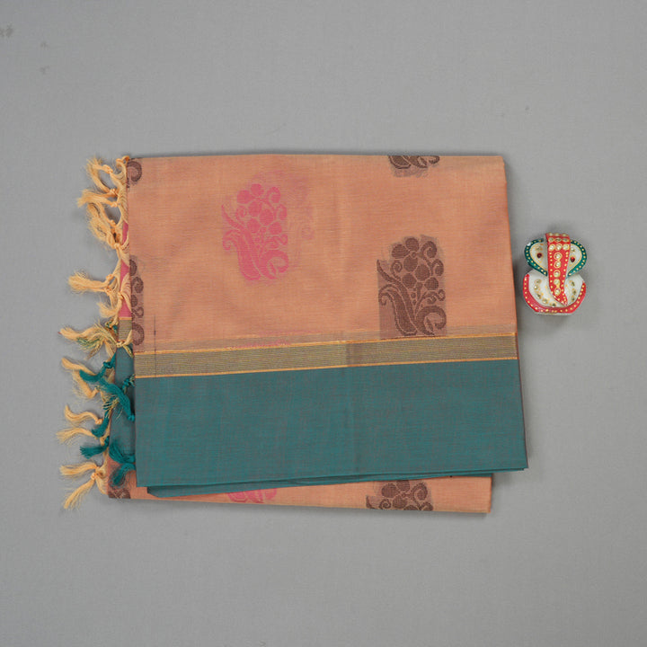 Hayagrivas Handloom Pure Cotton Saree in Light peach pink with sky blue KBE96D6-15