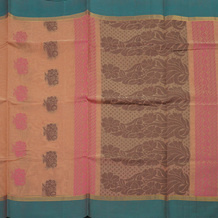 Hayagrivas Handloom Pure Cotton Saree in Light peach pink with sky blue KBE96D6-15