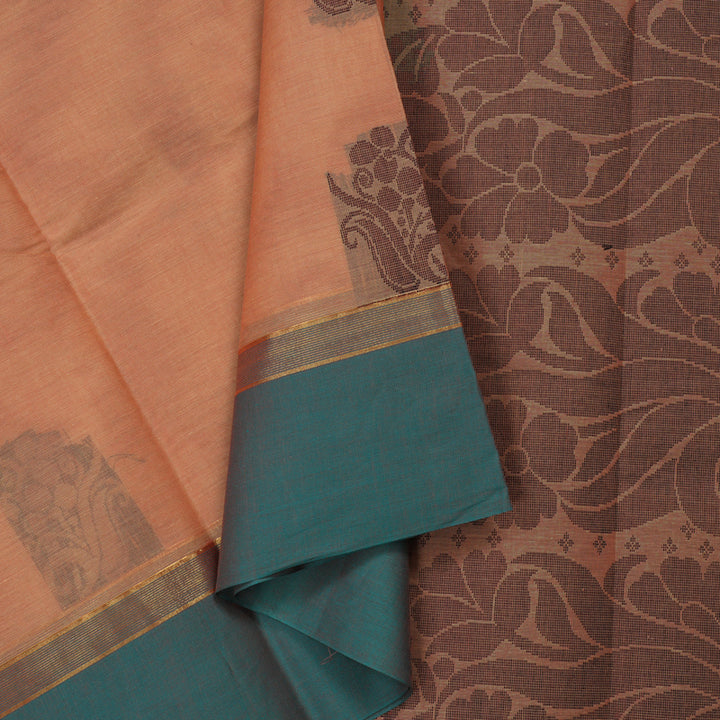 Hayagrivas Handloom Pure Cotton Saree in Light peach pink with sky blue KBE96D6-15