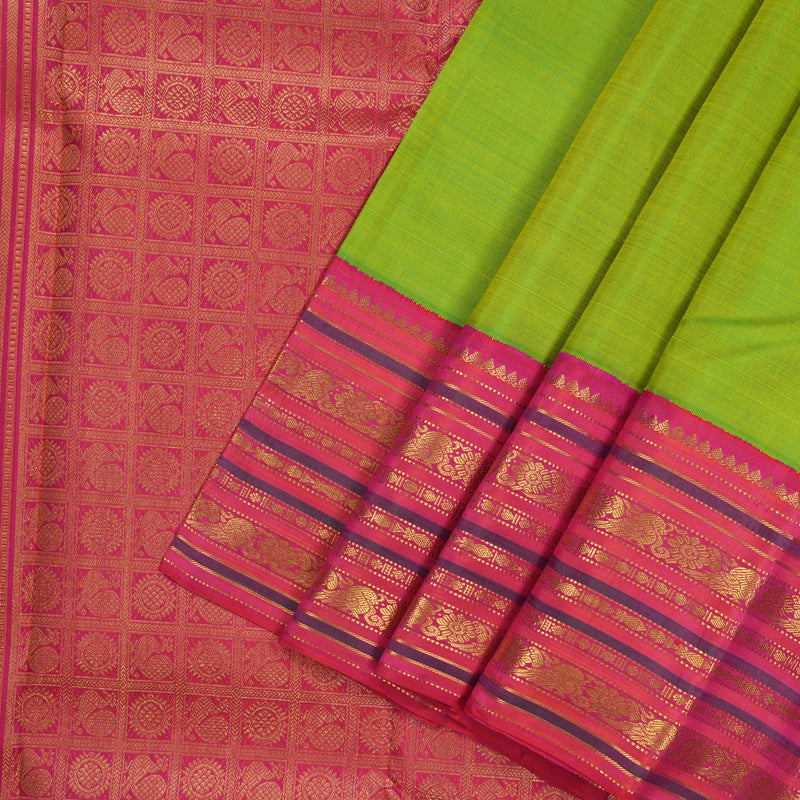 Hayagrivas Handloom Pure Kanjivaram Silk Saree in Fluorescent Green with Pink Contrast KBE977I16-1