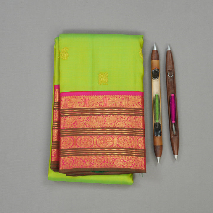 Hayagrivas Handloom Fluorescent Green Kanjivaram Silk Saree with Rani Pink & Manthalir Border KBE977I6-2