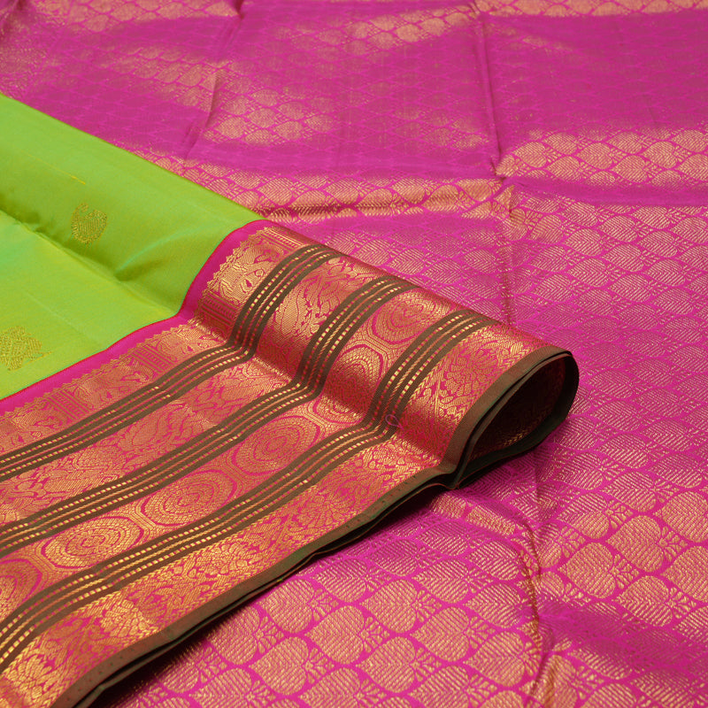 Hayagrivas Handloom Fluorescent Green Kanjivaram Silk Saree with Rani Pink & Manthalir Border KBE977I6-2