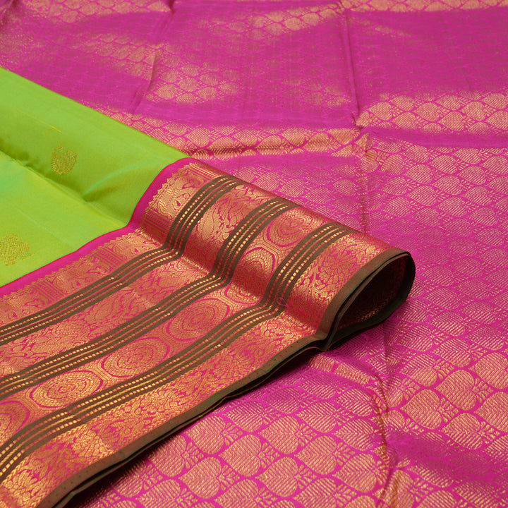 Hayagrivas Handloom Fluorescent Green Kanjivaram Silk Saree with Rani Pink & Manthalir Border KBE977I6-2