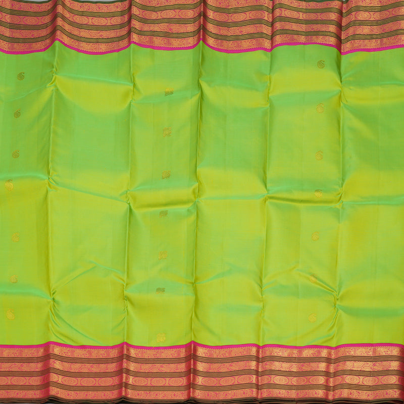 Hayagrivas Handloom Fluorescent Green Kanjivaram Silk Saree with Rani Pink & Manthalir Border KBE977I6-2