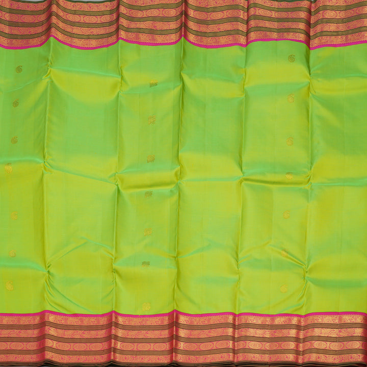 Hayagrivas Handloom Fluorescent Green Kanjivaram Silk Saree with Rani Pink & Manthalir Border KBE977I6-2