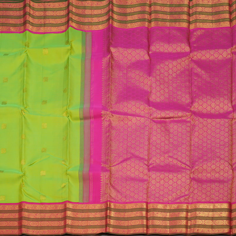 Hayagrivas Handloom Fluorescent Green Kanjivaram Silk Saree with Rani Pink & Manthalir Border KBE977I6-2