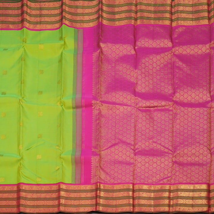 Hayagrivas Handloom Fluorescent Green Kanjivaram Silk Saree with Rani Pink & Manthalir Border KBE977I6-2