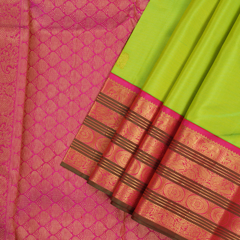 Hayagrivas Handloom Fluorescent Green Kanjivaram Silk Saree with Rani Pink & Manthalir Border KBE977I6-2