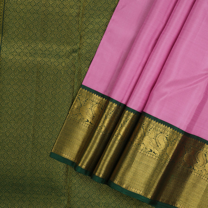 Hayagrivas Korvai Kanjivaram Silk Saree in Graceful Rose Pink with Bottle Green KBE978I10-2