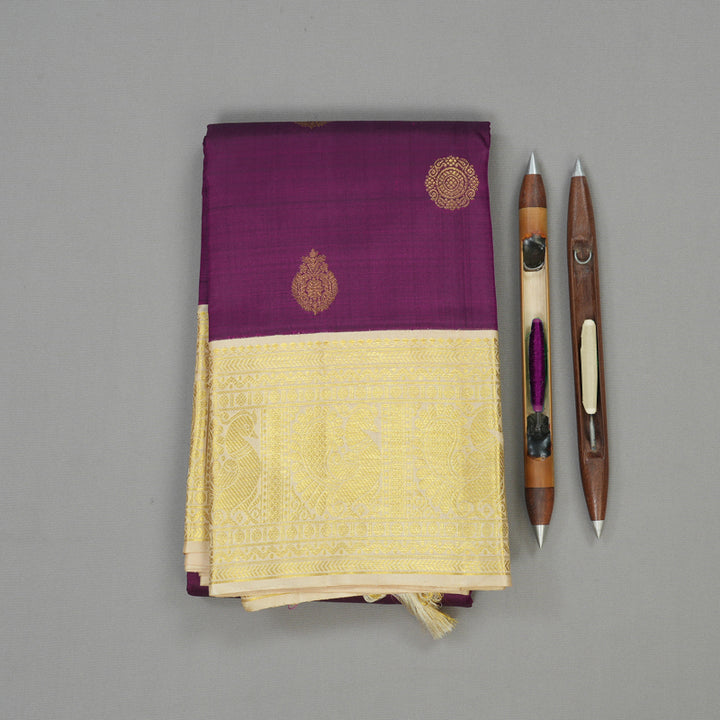 Hayagrivas Handloom Wine Purple Kanjivaram Silk Saree with Half White Border KBE978I2-1
