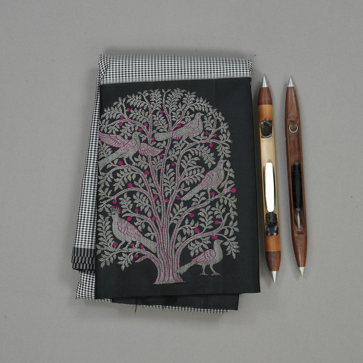 Hayagrivas Handloom Black & White Kanjivaram Silk Saree with Black Border KBE979I13-1