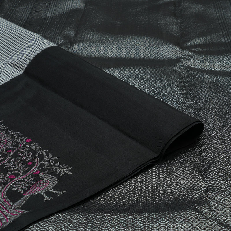 Hayagrivas Handloom Black & White Kanjivaram Silk Saree with Black Border KBE979I13-1