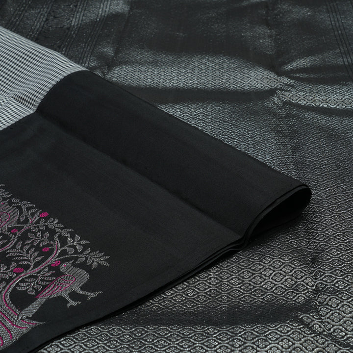 Hayagrivas Handloom Black & White Kanjivaram Silk Saree with Black Border KBE979I13-1