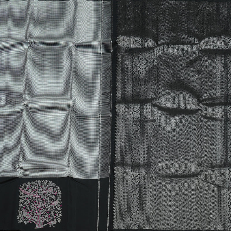 Hayagrivas Handloom Black & White Kanjivaram Silk Saree with Black Border KBE979I13-1
