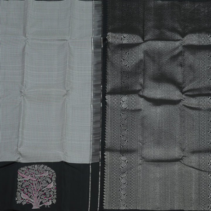 Hayagrivas Handloom Black & White Kanjivaram Silk Saree with Black Border KBE979I13-1