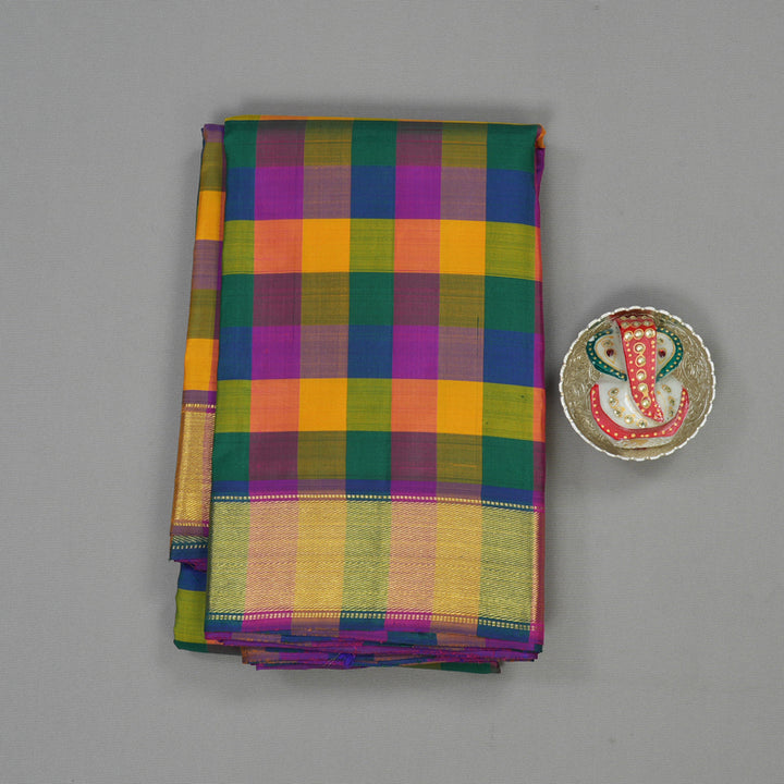 Hayagrivas Handloom Kanjivaram Silk Saree in vibrant Multicolour Checks with Purple contrast KBE979I3-1