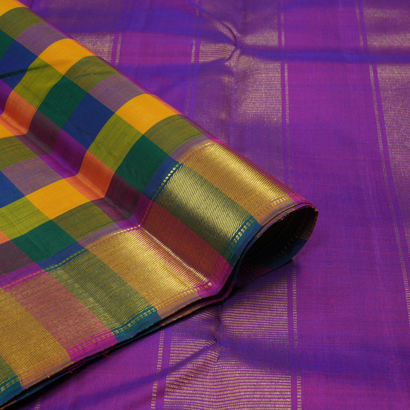 Hayagrivas Handloom Kanjivaram Silk Saree in vibrant Multicolour Checks with Purple contrast KBE979I3-1