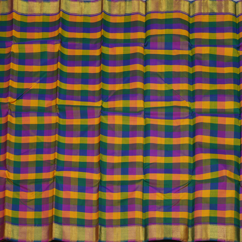Hayagrivas Handloom Kanjivaram Silk Saree in vibrant Multicolour Checks with Purple contrast KBE979I3-1