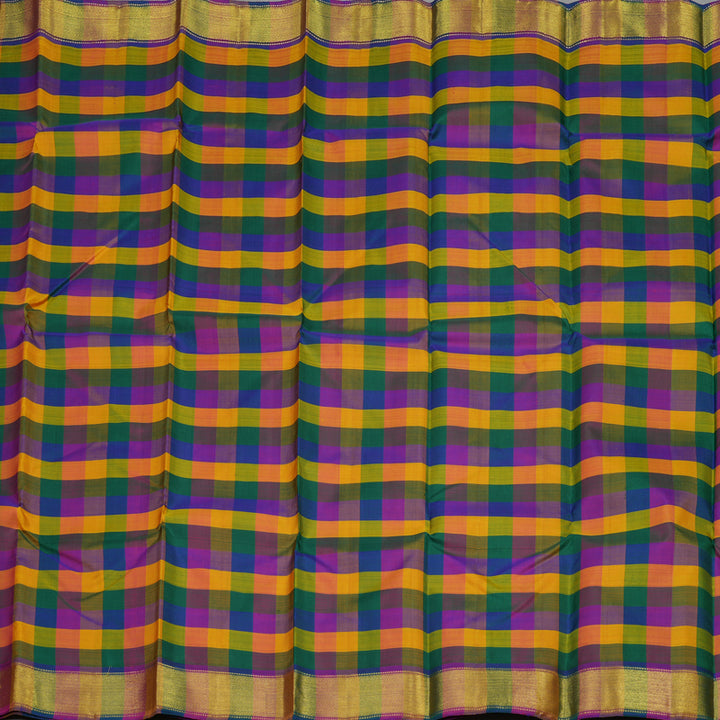 Hayagrivas Handloom Kanjivaram Silk Saree in vibrant Multicolour Checks with Purple contrast KBE979I3-1