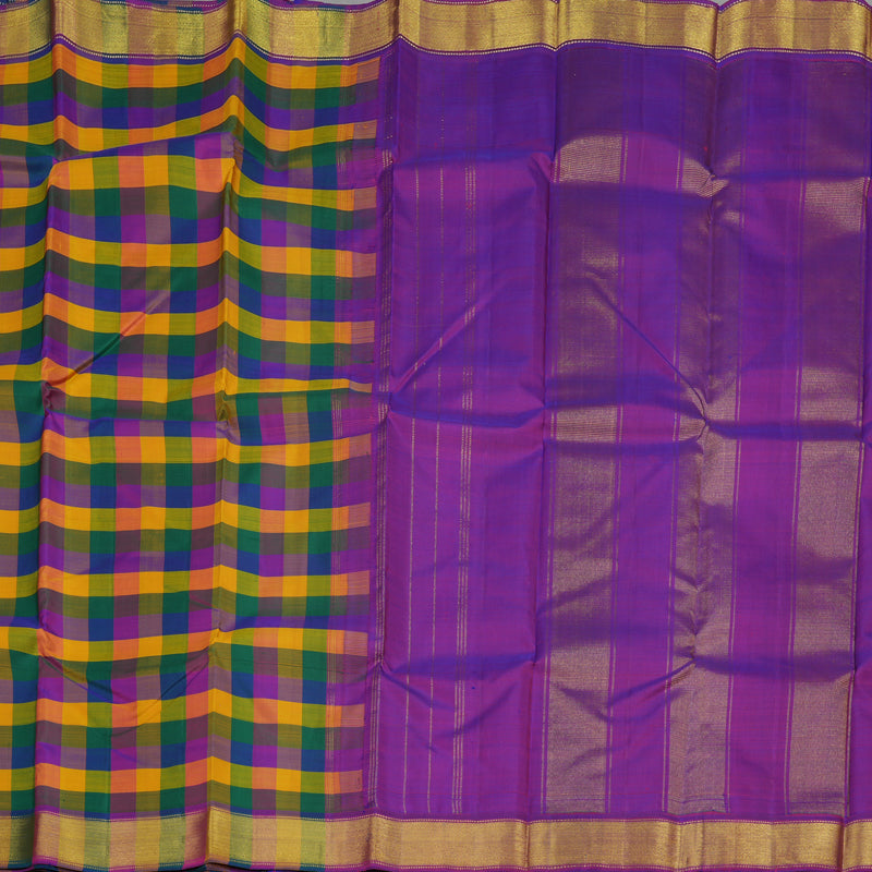 Hayagrivas Handloom Kanjivaram Silk Saree in vibrant Multicolour Checks with Purple contrast KBE979I3-1
