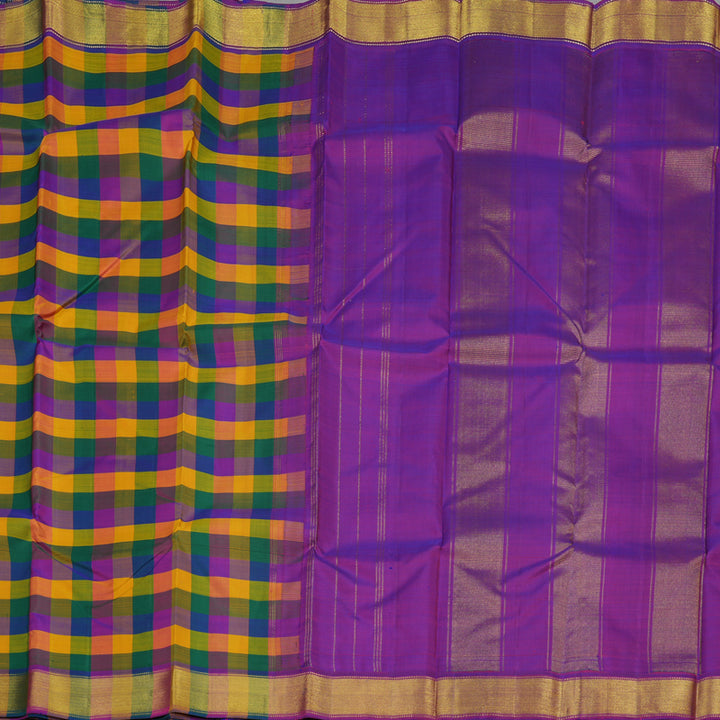 Hayagrivas Handloom Kanjivaram Silk Saree in vibrant Multicolour Checks with Purple contrast KBE979I3-1