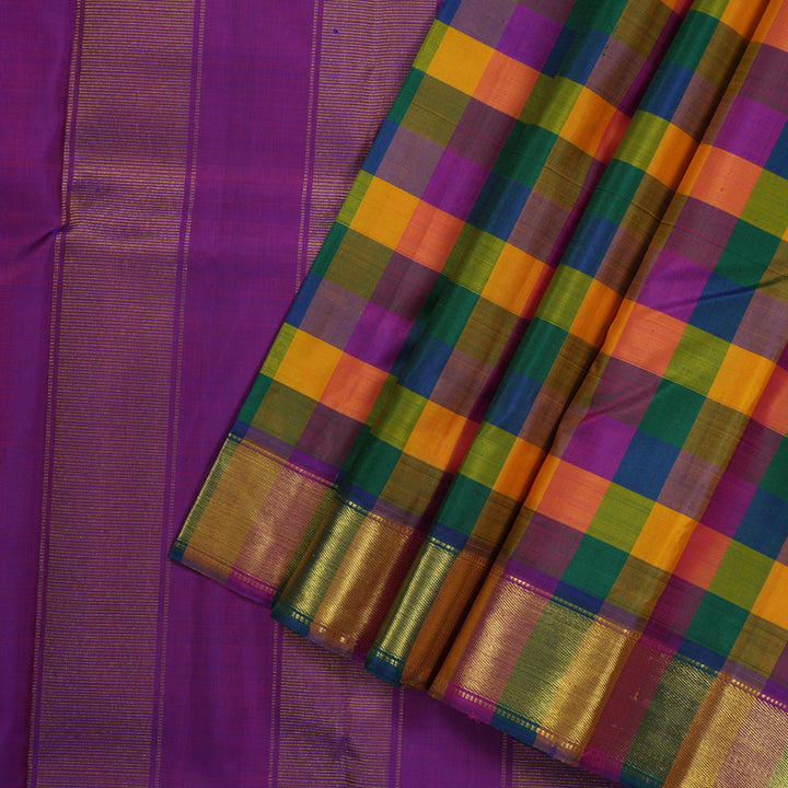 Hayagrivas Handloom Kanjivaram Silk Saree in vibrant Multicolour Checks with Purple contrast KBE979I3-1