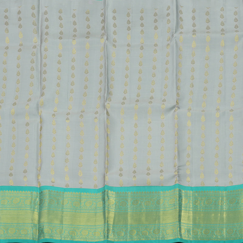 Hayagrivas Handloom Silver Grey Kanjivaram Silk Pattu Pavadai with Teal Border KBE981I7-1