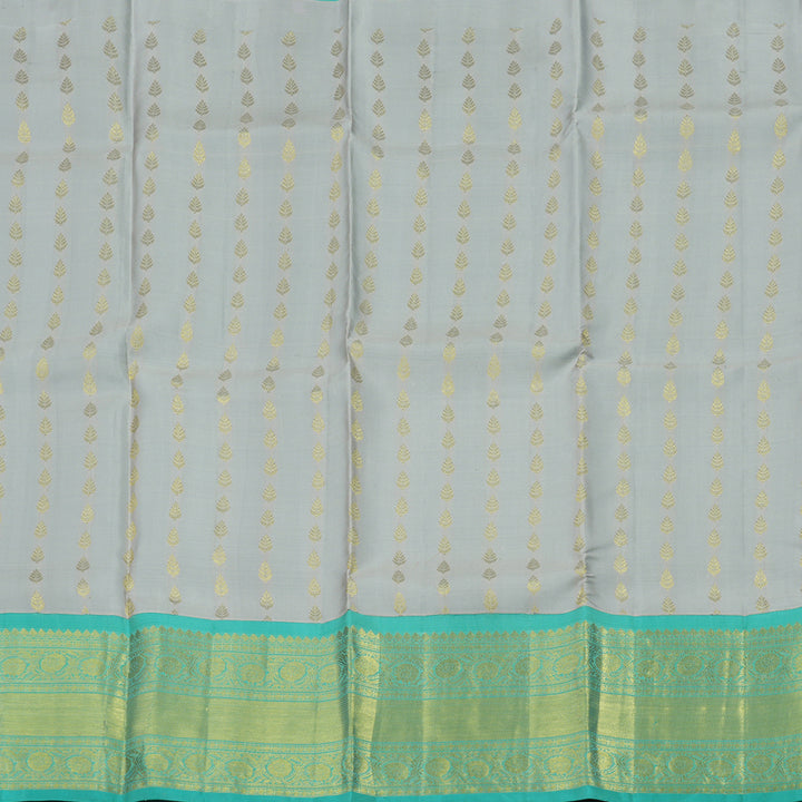 Hayagrivas Handloom Silver Grey Kanjivaram Silk Pattu Pavadai with Teal Border KBE981I7-1