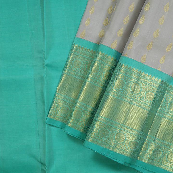 Hayagrivas Handloom Silver Grey Kanjivaram Silk Pattu Pavadai with Teal Border KBE981I7-1