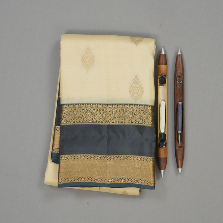Hayagrivas Handloom Sandal Beige Kanjivaram Silk Saree with Dark Grey Border KBE983I17-4