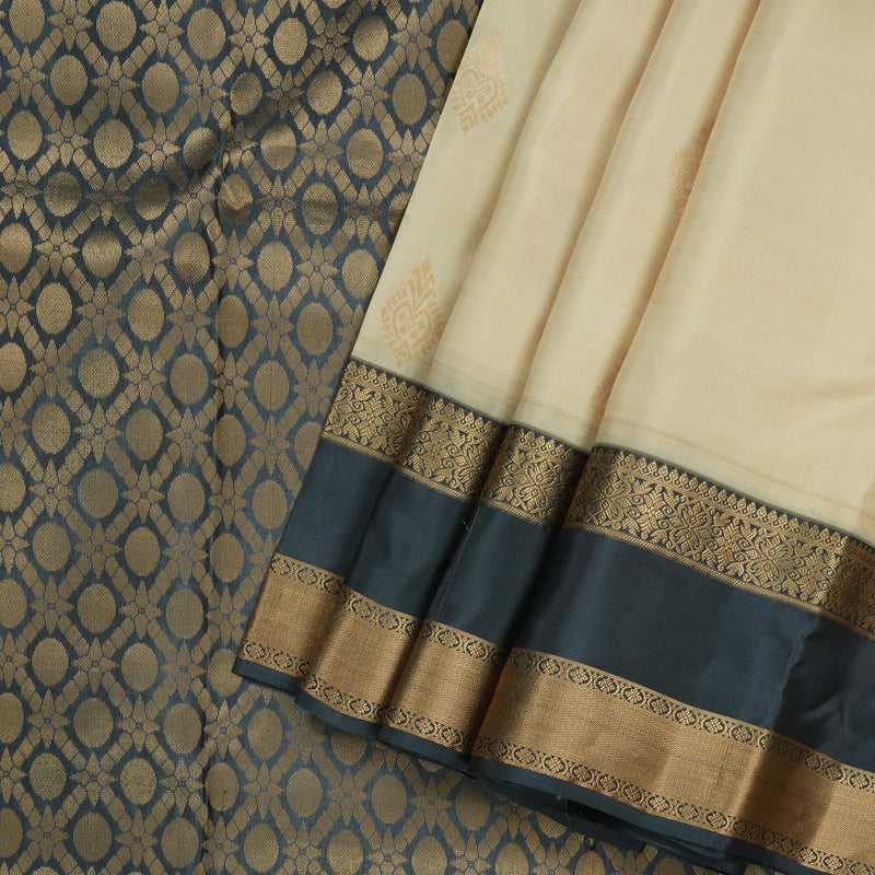 Hayagrivas Handloom Sandal Beige Kanjivaram Silk Saree with Dark Grey Border KBE983I17-4