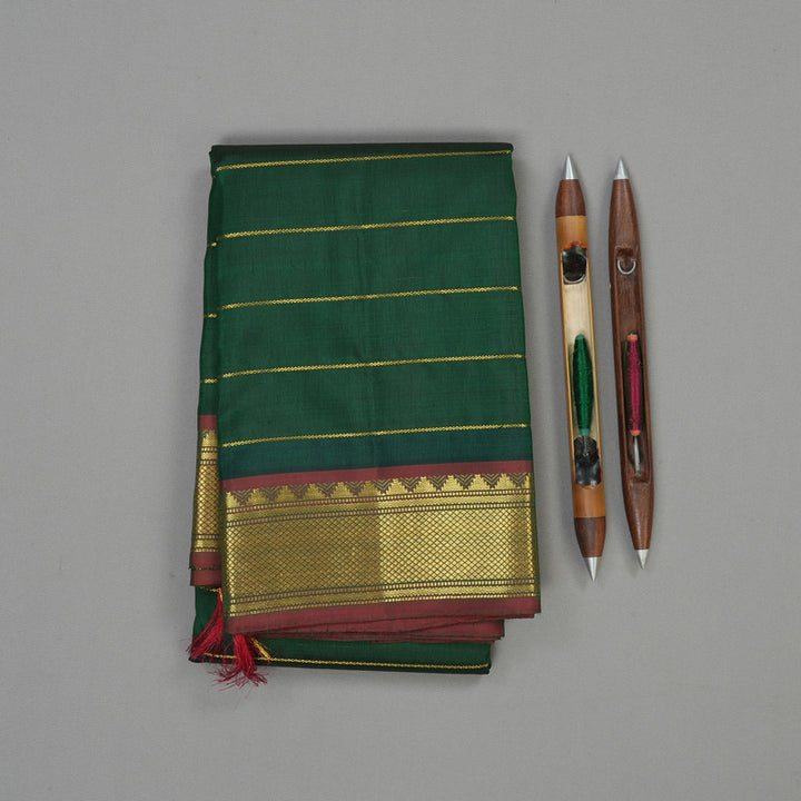 Hayagrivas Handloom Bottle Green Kanjivaram Silk Saree with Wine Brown Border KBE987I1-3