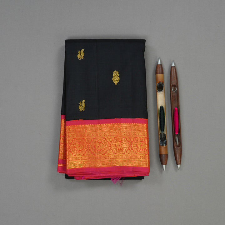 Hayagrivas Handloom Black Kanjivaram Silk Saree with Rani Pink Border KBE988I1-1