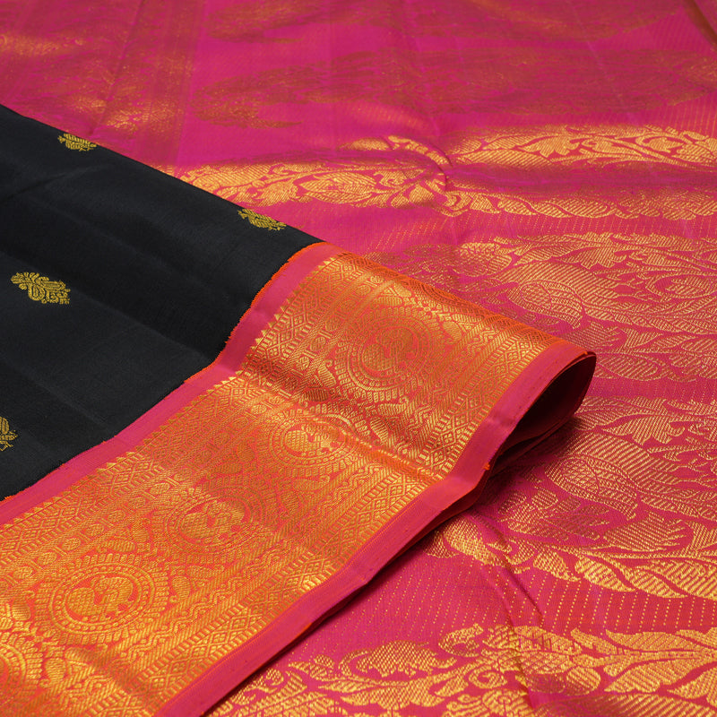 Hayagrivas Handloom Black Kanjivaram Silk Saree with Rani Pink Border KBE988I1-1