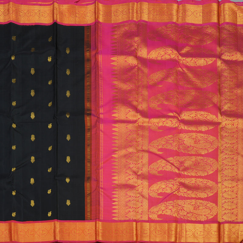 Hayagrivas Handloom Black Kanjivaram Silk Saree with Rani Pink Border KBE988I1-1