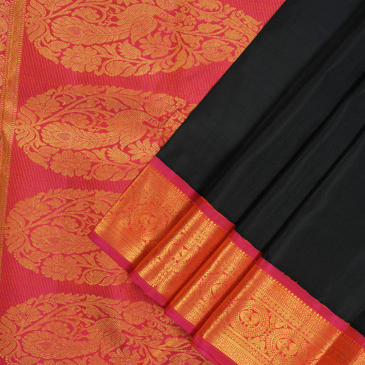 Hayagrivas Handloom Black Kanjivaram Silk Saree with Rani Pink Border KBE988I1-1