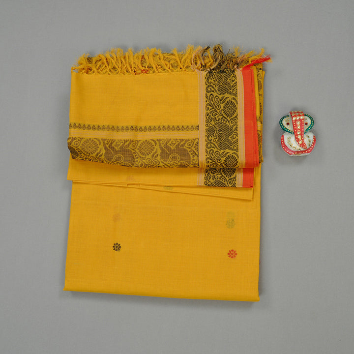 Hayagrivas Handloom Pure Cotton Saree in a Muted Mustard Yellow KBE98D5-1