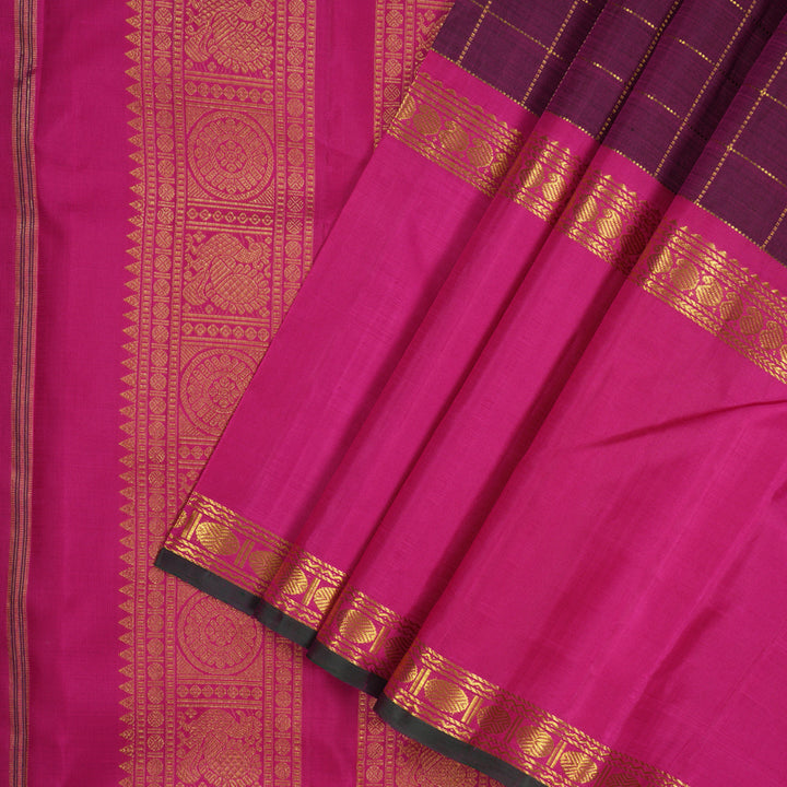Hayagrivas Handloom Kanjivaram Wine Purple Silk Saree with Magenta Border KBE994I3-1