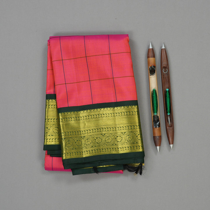Hayagrivas Handloom Orangish Pink Kanjivaram Silk Saree with Karum Pachai Border KBE994I9-2