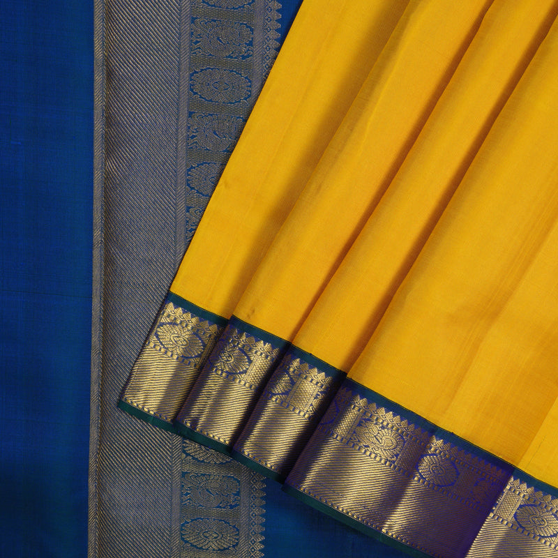 Hayagrivas Handloom Kanjivaram Mango Yellow Ten Yards Silk Saree with Mayilkazhuthu Border KBE997I9-1