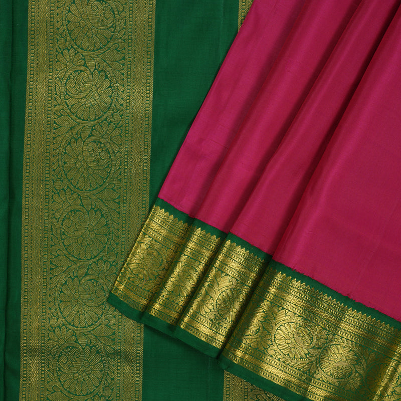 Hayagrivas Handloom Deep Pink Kanjivaram Ten Yards Silk Saree with Dark Green Border KBE997I9-3