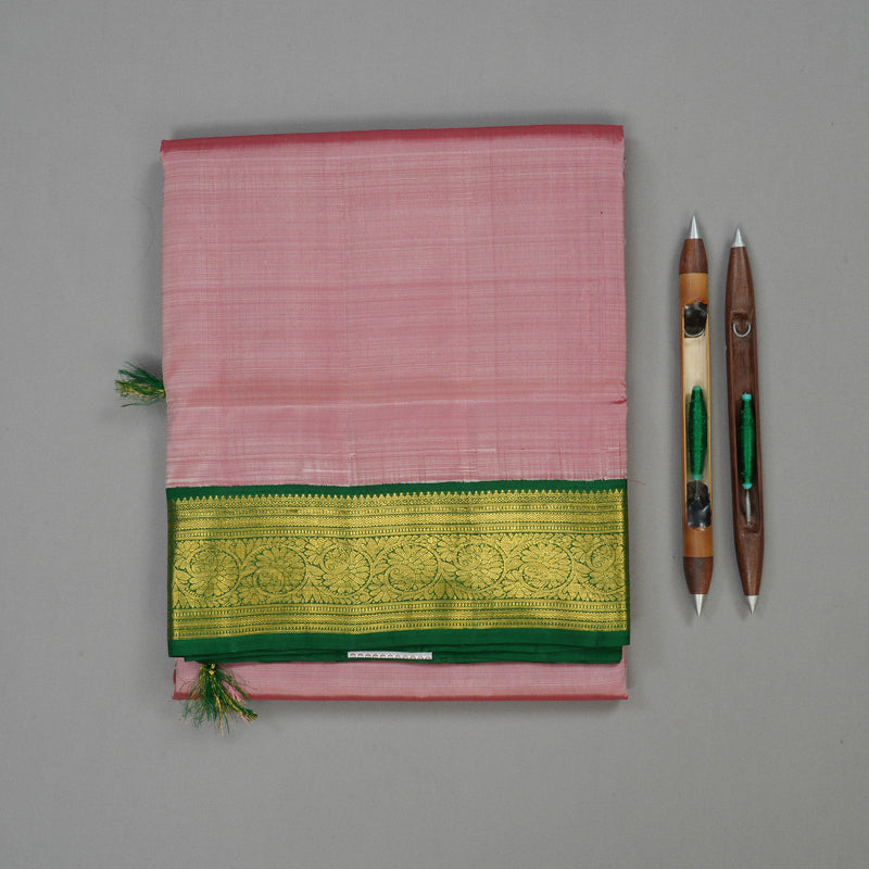 Hayagrivas Handloom Onion Pink Kanjivaram Ten Yards Silk Saree with Bottle Green Border KBE997I9-5
