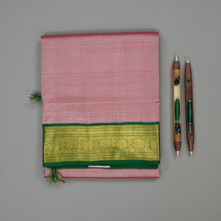 Hayagrivas Handloom Onion Pink Kanjivaram Ten Yards Silk Saree with Bottle Green Border KBE997I9-5