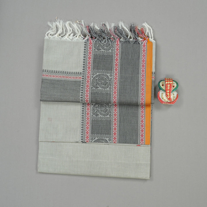 Hayagrivas Handloom Gray Cotton Saree With Mustard Edging KBE99D6-1