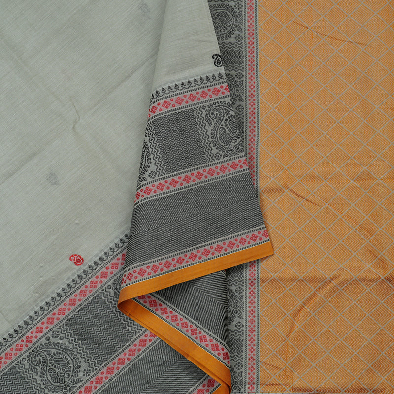 Hayagrivas Handloom Gray Cotton Saree With Mustard Edging KBE99D6-1