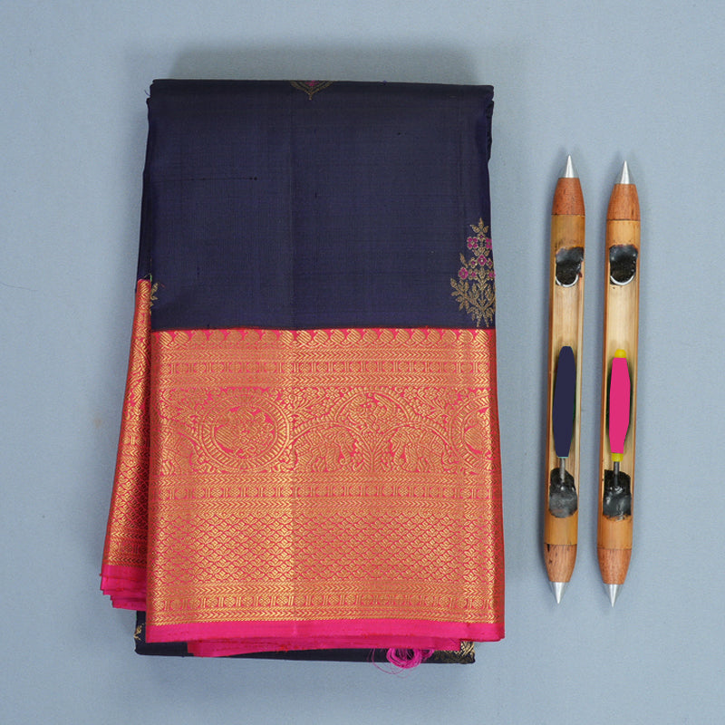 Hayagrivas Handloom Dark Blue Kanjivaram Silk Saree with Rani Pink Border KBF1001I1-1