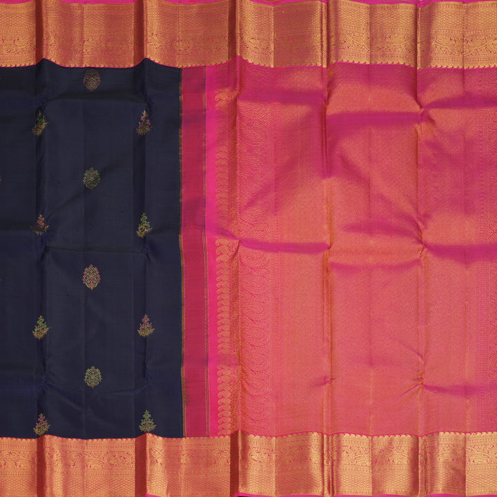 Hayagrivas Handloom Dark Blue Kanjivaram Silk Saree with Rani Pink Border KBF1001I1-1