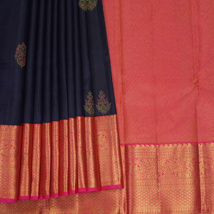 Hayagrivas Handloom Dark Blue Kanjivaram Silk Saree with Rani Pink Border KBF1001I1-1