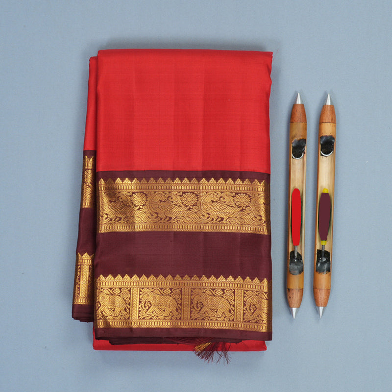Hayagrivas Handloom Red Kanjivaram Silk Saree with Brown Border KBF1004I2-2