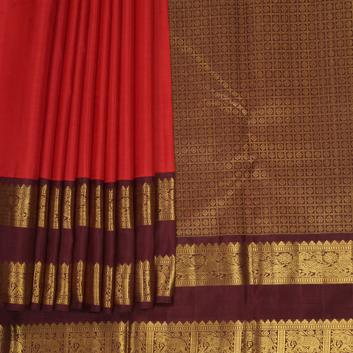 Hayagrivas Handloom Red Kanjivaram Silk Saree with Brown Border KBF1004I2-2